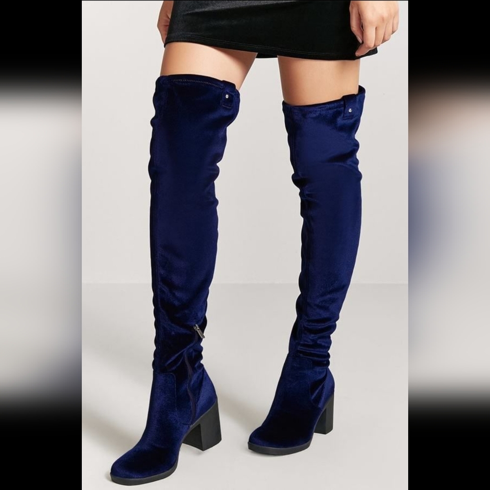 Elegant Blue Velvet Over-the-Knee Boots